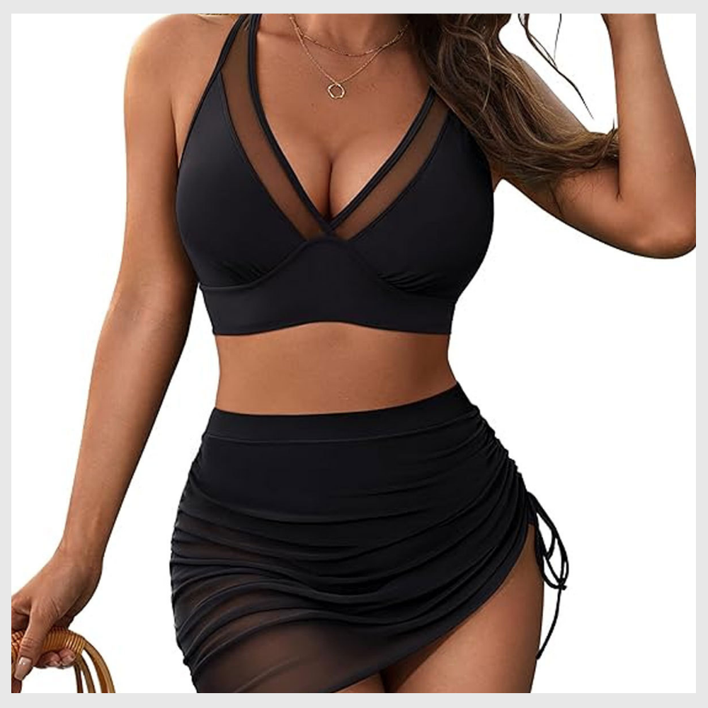 High-Waisted Shaping Bikini Set with Built-In Mesh Skirt