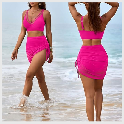 High-Waisted Shaping Bikini Set with Built-In Mesh Skirt