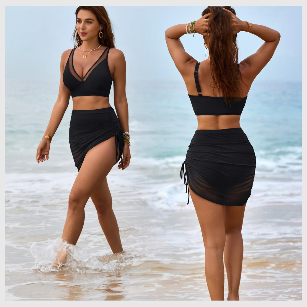 High-Waisted Shaping Bikini Set with Built-In Mesh Skirt