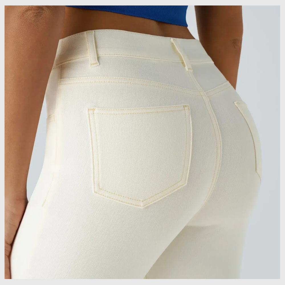 High-waisted, elastic, and comfortable pants.