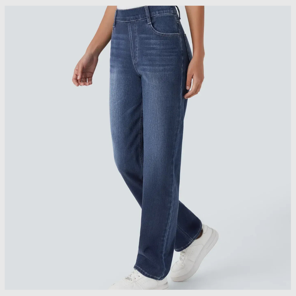 High-waisted, elastic, and comfortable pants.
