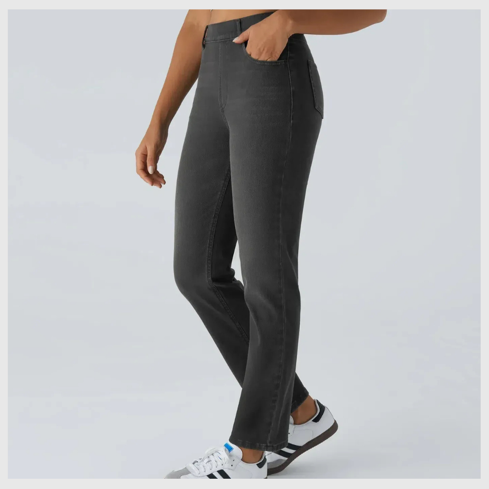 High-waisted, elastic, and comfortable pants.
