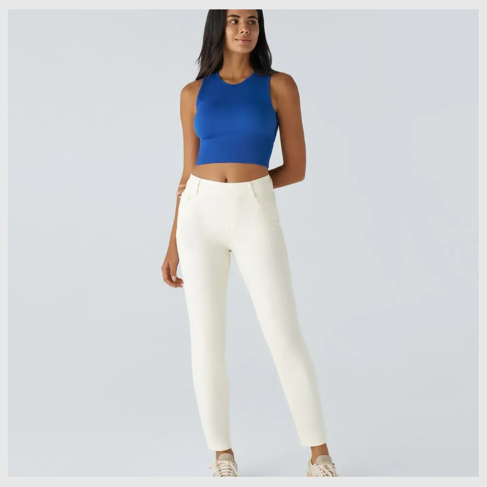High-waisted, elastic, and comfortable pants.
