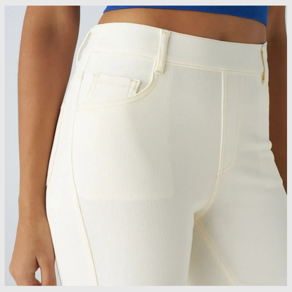 High-waisted, elastic, and comfortable pants.