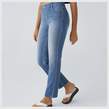 High-waisted, elastic, and comfortable pants.