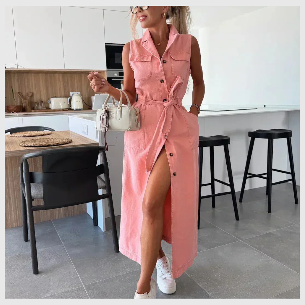 Long Denim Dress with Button Details