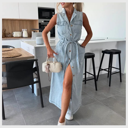 Long Denim Dress with Button Details